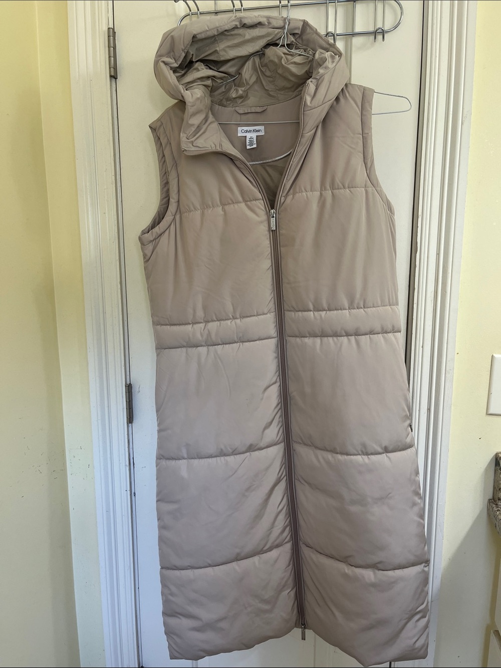 Calvin Klein Long Hooded Puffer Vest in Taupe Beige